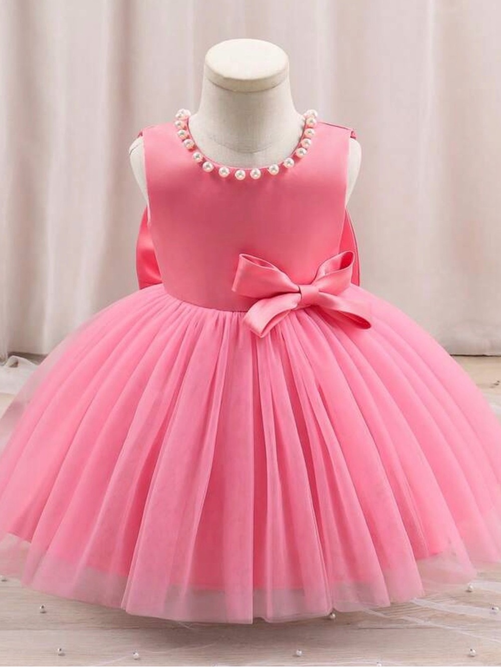 Pink Pearl-Trim Tulle Bow Flower Girl Dress